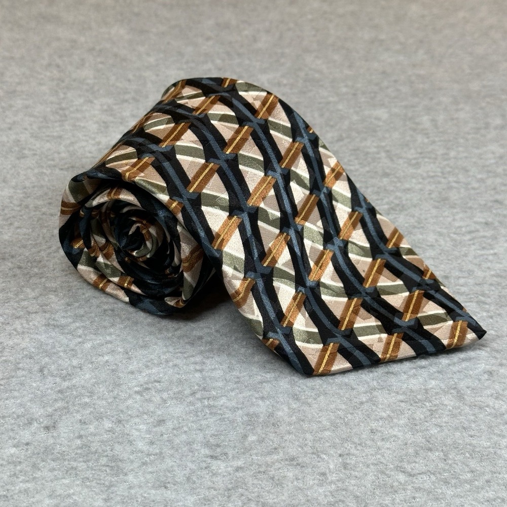Ziggurat by Mulberry Neck Tie Beige Blue Diamond Pattern 100% Silk USA